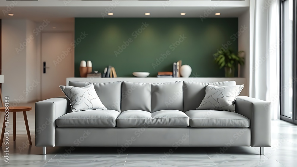 Fototapeta premium Modern living space featuring a minimalist grey sofa with marble accents against a green wall, softly lit with a clean composition.