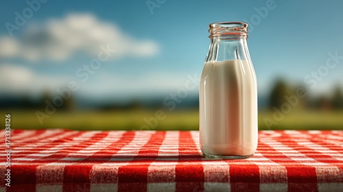Refreshing Milk Bottle on Classic Picnic Tablecloth Under Blue Sky