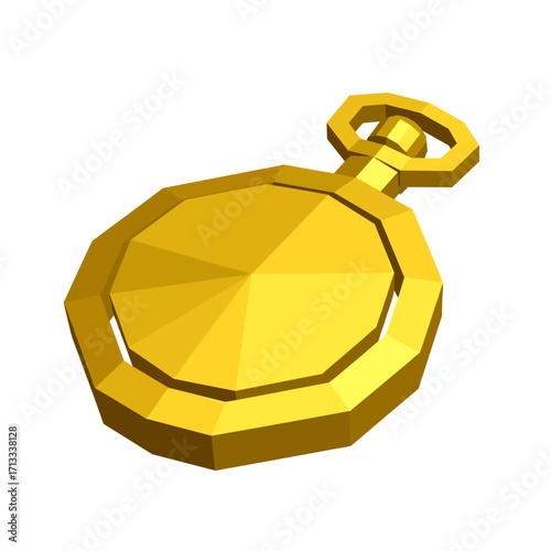 Low poly golden pocket watch or locket with faceted design, a stylized 3D render illustration isolated on a white background.