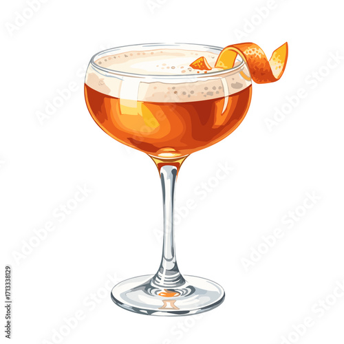 Vibrant orange cocktail with a foamy top and citrus peel garnish in a stylish coupe glass, isolated on white background.