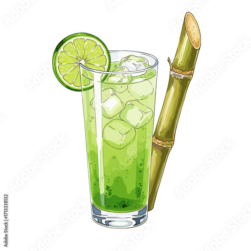 Refreshing green drink with ice and a lime slice, served alongside a fresh sugarcane stalk, vibrant watercolor illustration.