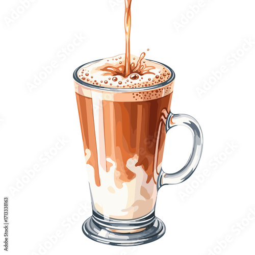 Delicious hot coffee or tea beverage with milk being poured into a clear glass mug, creating a frothy top layer, isolated on white background.