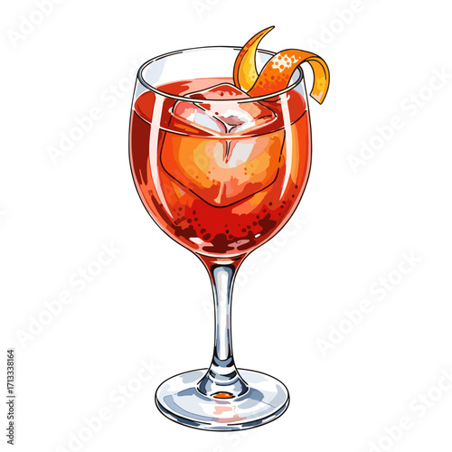 Refreshing red orange cocktail illustration with ice and citrus peel in a wine glass, perfect for summer drinks and bar menus