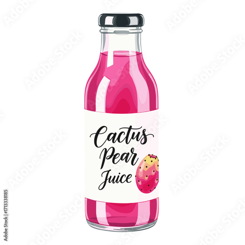 Refreshing Cactus Pear Juice in a Glass Bottle with Fruit Illustration, Healthy Drink Concept Isolated on White Background