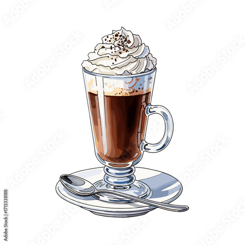 Delicious illustrated coffee drink in a clear glass mug, topped with fluffy whipped cream and chocolate sprinkles, served on a saucer with a spoon, vector art.