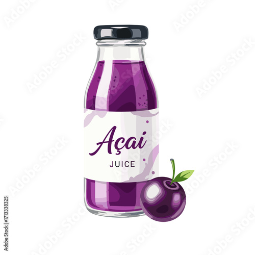 Healthy Açai Juice in Glass Bottle with Label and Berry Illustration for Smoothie and Beverage Lovers