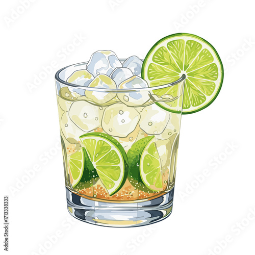 Vibrant watercolor illustration of a classic lime cocktail with ice cubes and fresh lime slices in a transparent glass.