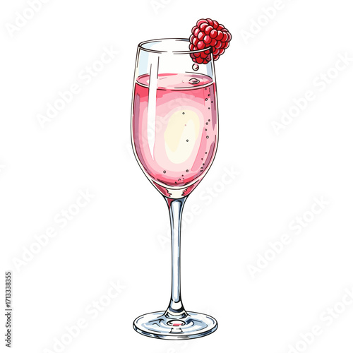 Elegant Raspberry Sparkling Cocktail in Tall Glass with Bubbles and Garnish on Top