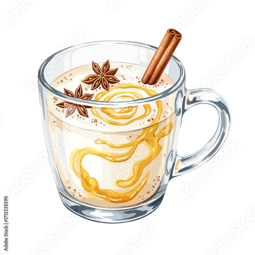 Warm spiced beverage in a clear glass mug, garnished with star anise, cinnamon stick, and golden syrup drizzle, perfect for cozy moments