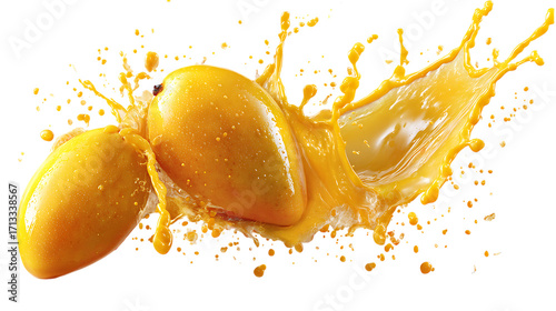 Two mangoes splashing into orange liquid isolated on transparent background.