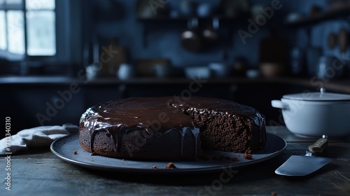 Rich Ganache Cake Slice in Moody Kitchen Lighting