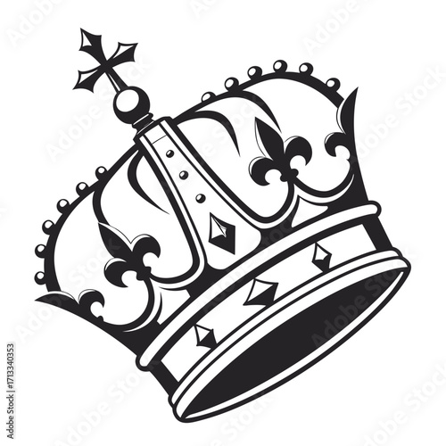 Detailed black and white illustration of a royal crown with a cross on top, angled to the right
