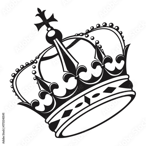Elegant Black and White Crown Illustration with Beaded Edges and Fleur-de-lis Accents Keywords: crown, royal, monarchy, king, queen, royalty, symbol, emblem, heraldry, crest, regalia, sovereign