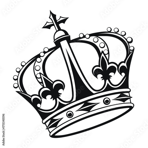 Elegant black and white crown with fleur-de-lis and circular details on white background royal