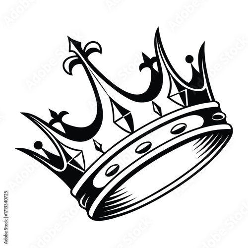 Ornate Black and White Crown Illustration with Fleur-de-lis Accents and Diamond Shapes royal royalty