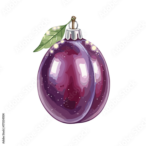 A festive purple plum Christmas tree ornament illustration. Shiny holiday bauble with a leaf and glitter, isolated on a white background.