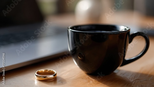 A gold wedding band rests beside a dark mug of tea on a wooden desk near a laptop; sunlight illuminates the scene