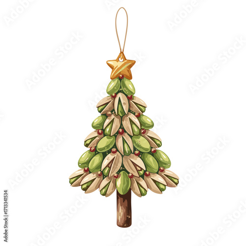 A unique Christmas tree ornament made from pistachio shells and nuts. Creative DIY holiday decoration isolated on a white background.