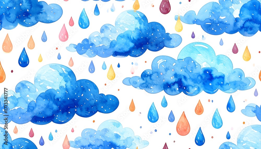 Fototapeta premium A whimsical, colorful pattern of watercolor clouds and rain drops against a white background.