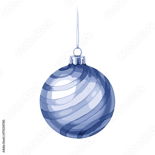 Watercolor blue Christmas bauble with a swirl pattern. Hand-drawn holiday ornament illustration isolated on a white background for festive design.