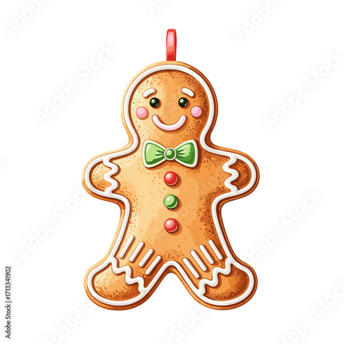 Cute gingerbread man Christmas ornament illustration. Decorated holiday cookie with icing and a green bow tie isolated on a white background.