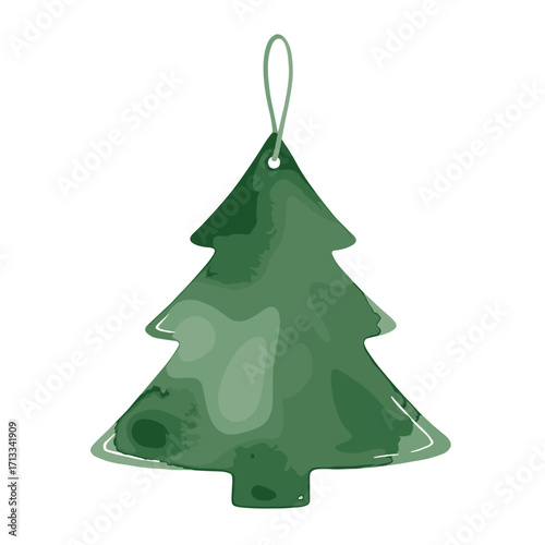 Green Christmas tree ornament with a watercolor texture. Festive holiday decoration isolated on a white background. Vector illustration for seasonal design.