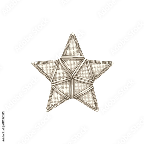 Hand-drawn geometric star illustration with a vintage watercolor texture. Intricate five-pointed star with triangular facets and dotted patterns isolated on a white background.