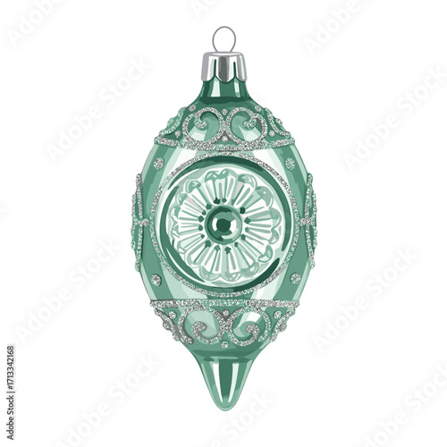 Vintage green Christmas ornament with silver glitter. Isolated hand-drawn holiday decoration illustration on a white background.