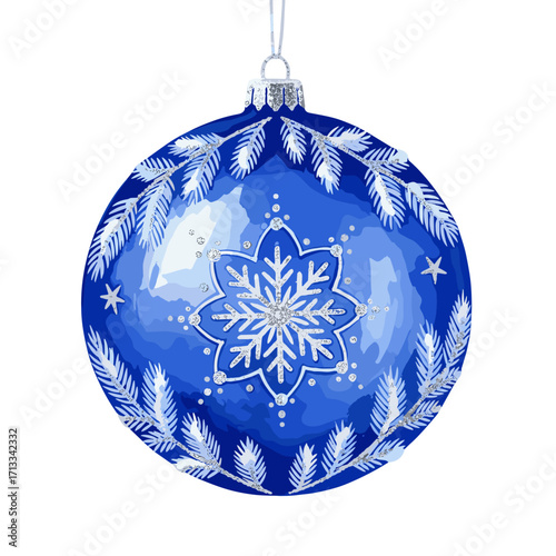 Hand-painted blue Christmas ball ornament with a glitter snowflake design. Festive holiday decoration isolated on a white background.