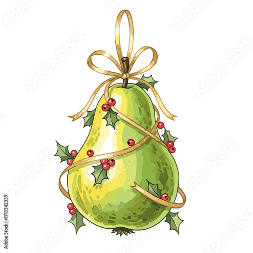 Festive Christmas pear illustration with a gold ribbon and holly. Hand-drawn holiday fruit decoration isolated on a white background.