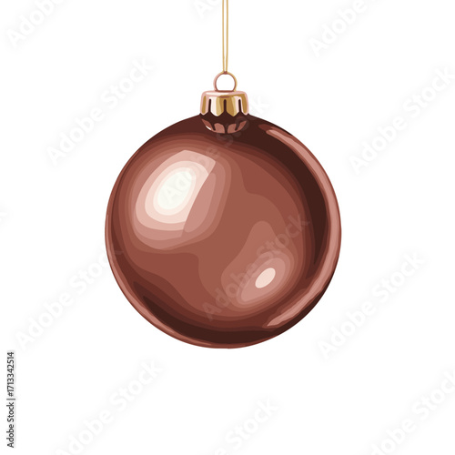 Shiny Brown Christmas Ball Ornament. Hanging Holiday Decoration Isolated on a White Background. Festive Winter Illustration.