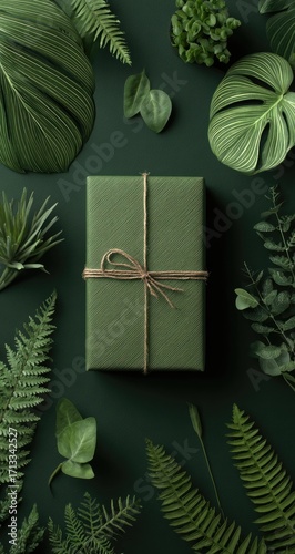 A green gift box, simply wrapped with twine, is surrounded by various lush green leaves and ferns against a deep green background, creating a serene, nature-inspired aesthetic