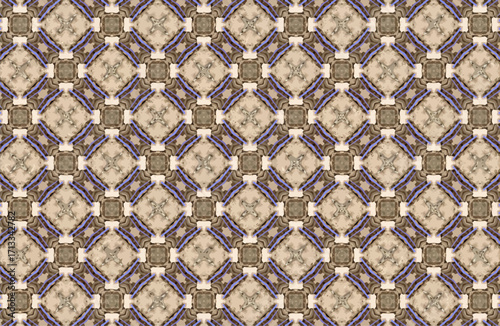 Seamless decorative pattern exhibiting a classic symmetrical arrangement of abstract shapes, enhanced by muted beige and subtle blue hues, ideal for textile, wallpaper, or digital textures