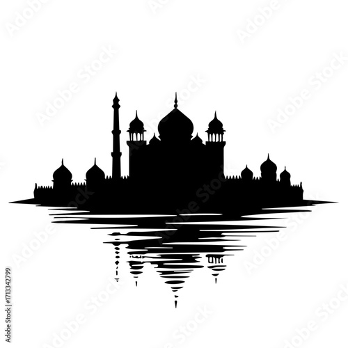 taj mahal vector illustration, silhouette, architecture, city, vector, building, skyline, travel, illustration, tower, church, india, castle, europe, landmark, house, old, london, cityscape, monument,