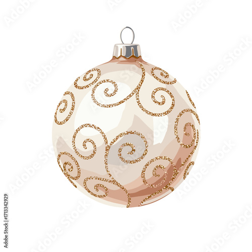 Elegant Christmas bauble ornament with gold glitter swirls. Isolated holiday decoration illustration on a white background.