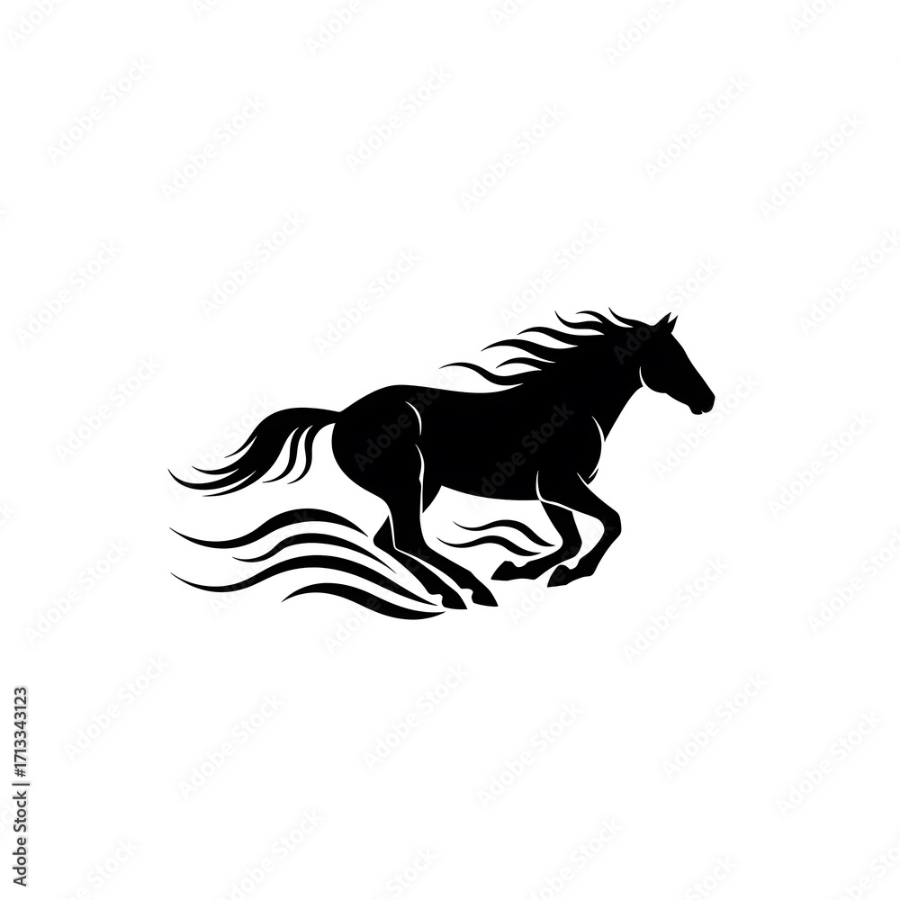 Obraz premium Black Silhouette Running Horse with Flowing Mane and Tail on White Background