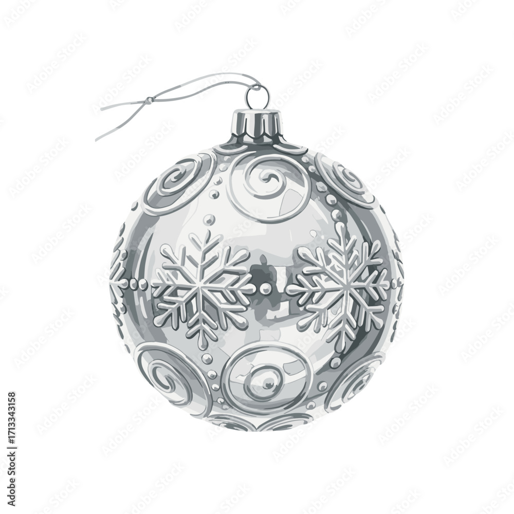 Fototapeta premium Silver Christmas ornament with a snowflake pattern. Hand drawn holiday bauble illustration isolated on a white background. Grayscale winter decoration.
