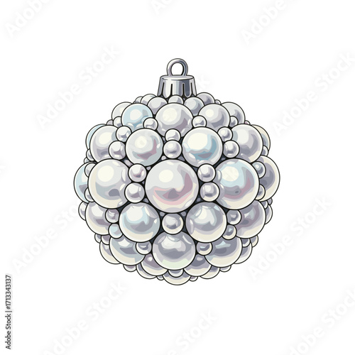 A beautiful Christmas tree ornament made of many white and silver pearls. A festive holiday bauble illustration isolated on a white background.