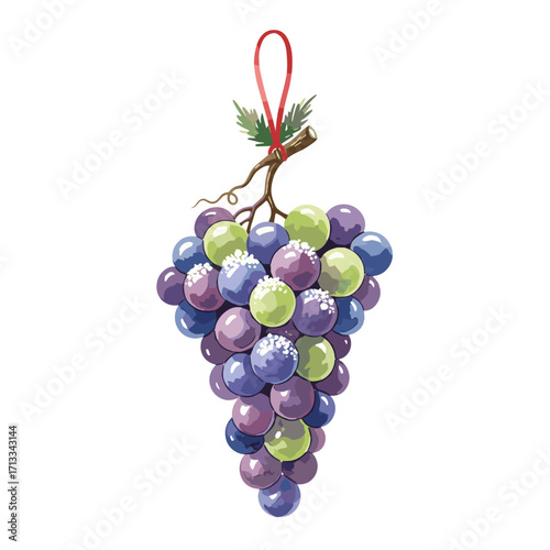 Watercolor illustration of a hanging grape cluster. Decorative fruit ornament with a red ribbon. Sugared purple and green grapes isolated on a white background.