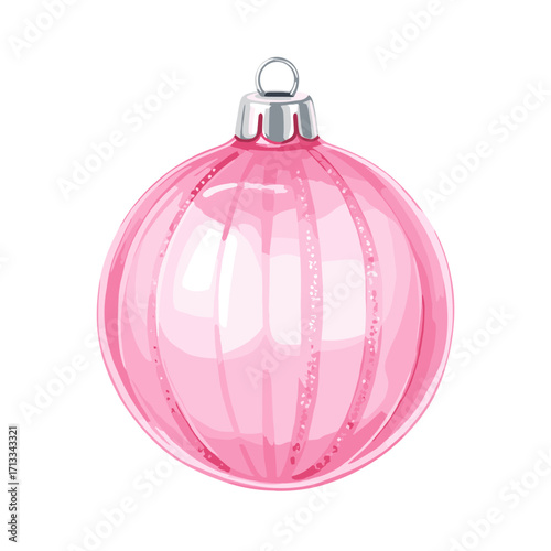 Watercolor illustration of a shiny pink glass Christmas bauble with glitter stripes. Festive holiday decoration isolated on a white background.