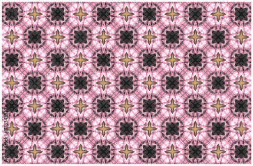 Seamless ornamental geometric pattern featuring a repeating mosaic of symmetrical star and cross motifs in a pink and gold palette