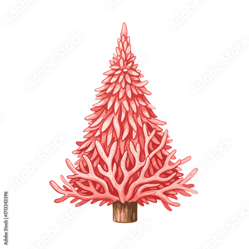 A whimsical Christmas tree made of pink coral. An imaginative underwater holiday concept illustration isolated on a white background.