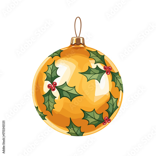 Gold Christmas ornament with a festive holly and berry pattern. A shiny holiday bauble illustration isolated on a white background.