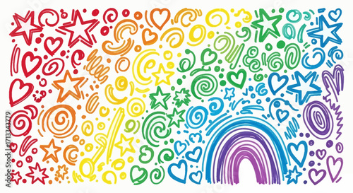 Doodle Vector Illustration with Rainbow Hearts Stars and Swirls in Multicolor Design for Childlike Projects