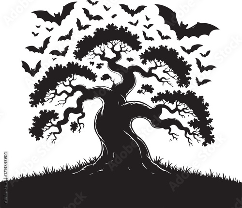 Halloween haunted tree with bats silhouette vecto
