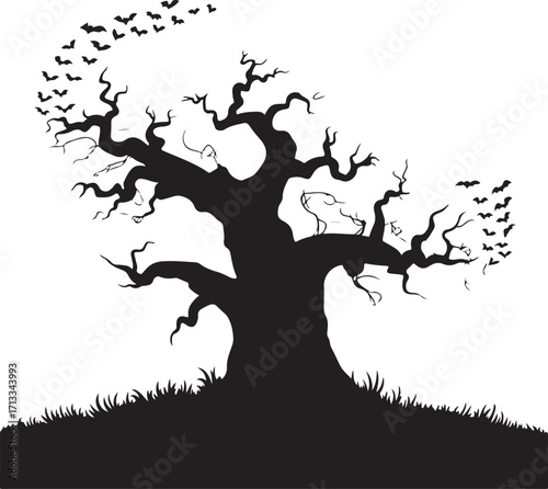 Halloween haunted tree with bats silhouette vecto