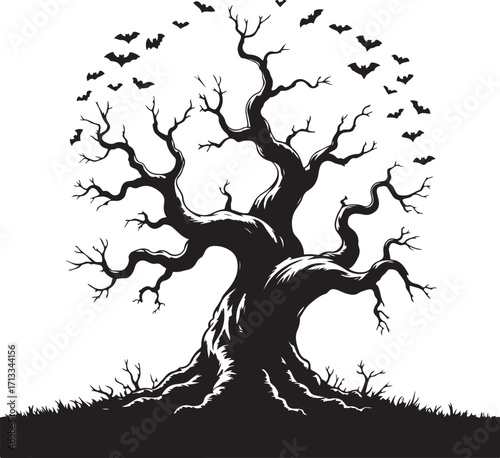 Halloween haunted tree with bats silhouette vecto