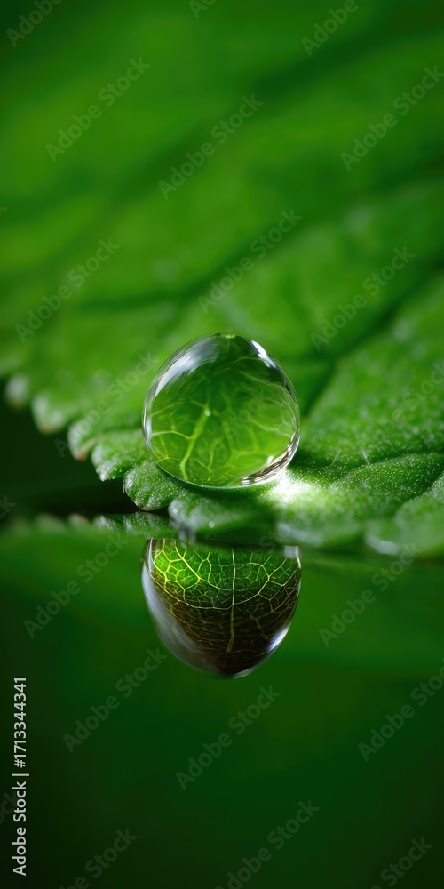 Fototapeta premium A perfect water droplet rests on a vibrant green leaf, showcasing intricate leaf veins reflected within its clear surface.