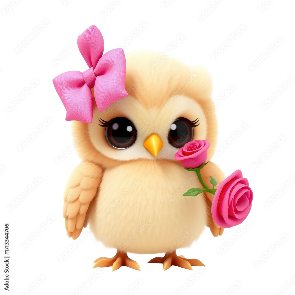 Obraz premium Cute Owl with Pink Bow Holding Rose, Bright and Cheerful