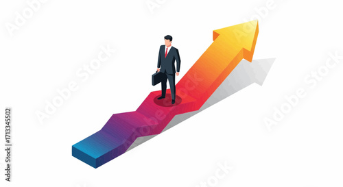 Businessman Climbing a Colorful Arrow Symbol of Growth, Success, and Financial Progress